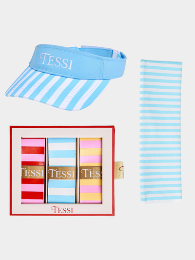 The Stripe Set in Blue Stripe: visor, headband and overgrip 3-pack by TESSI