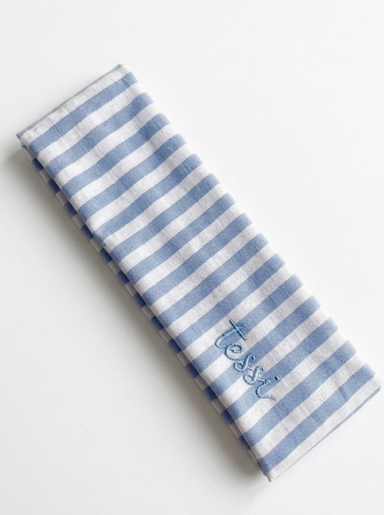 TESSI blue gingham athletic headband with embroidered tessi script