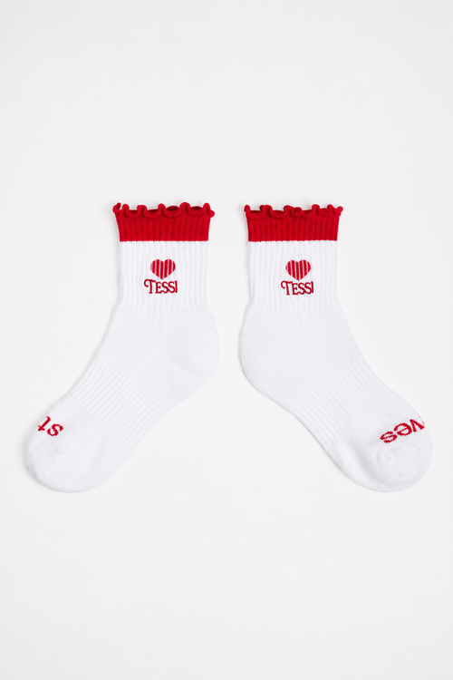 Ruffle Athletic Socks in Red Embroidery