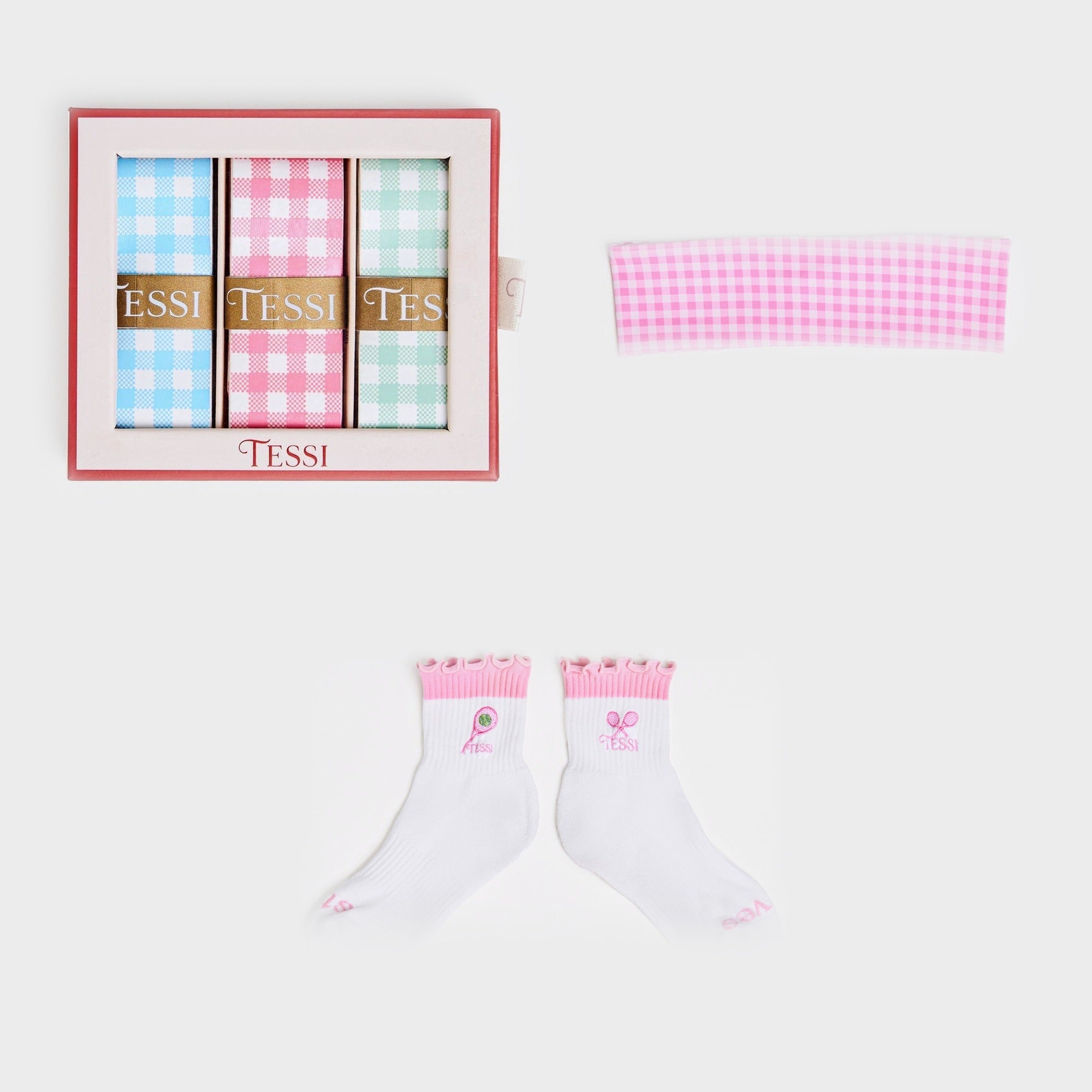 TESSI Gingham Set: Pink Gingham Headband, Gingham Overgrip 3-Pack, Pink Socks