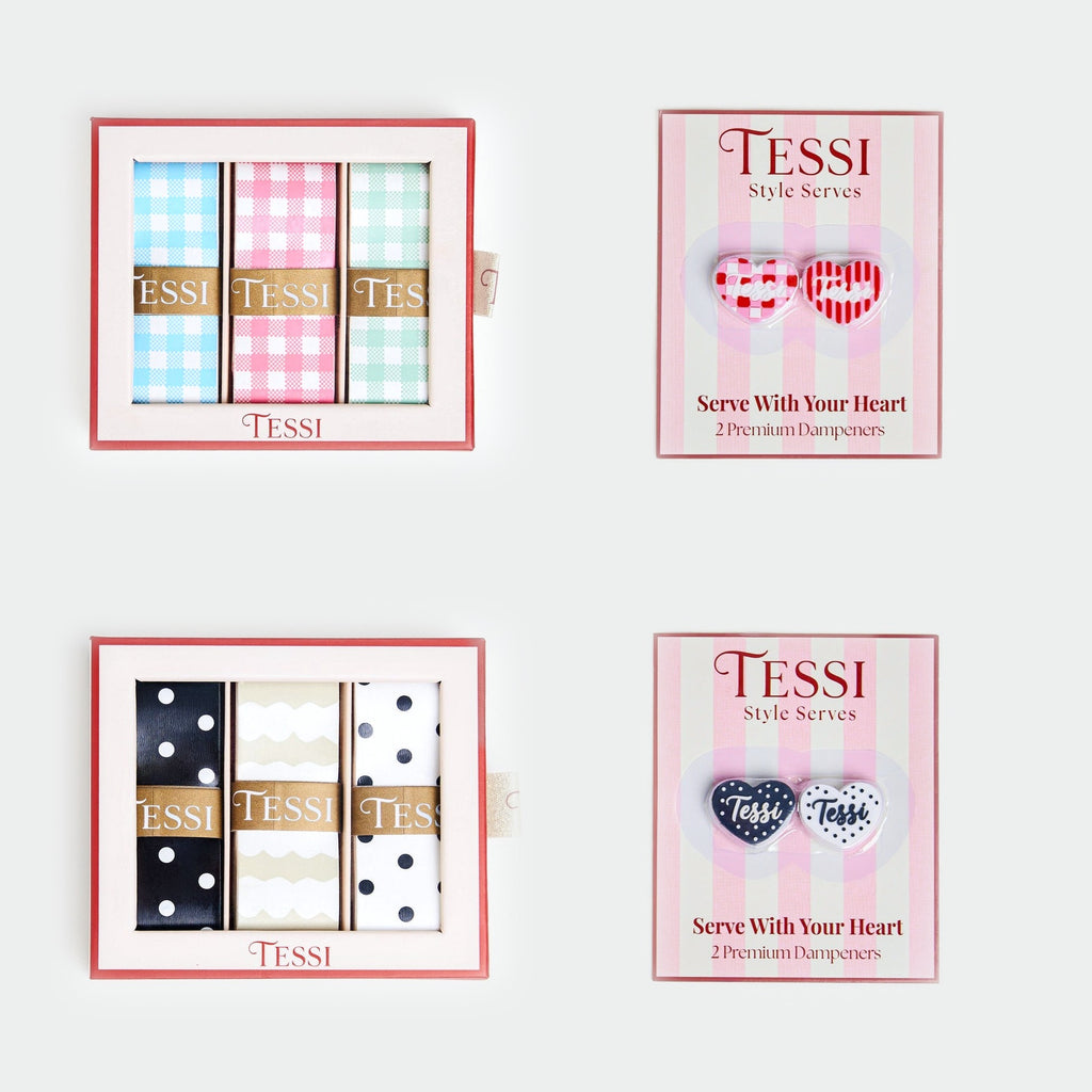 TESSI Grip + Dampener Set: gingham and Neutral Chic overgrip boxes with pink and red stripe and polka dot dampener cards