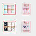 TESSI Grip + Dampener Set: gingham and Neutral Chic overgrip boxes with pink and red stripe and polka dot dampener cards