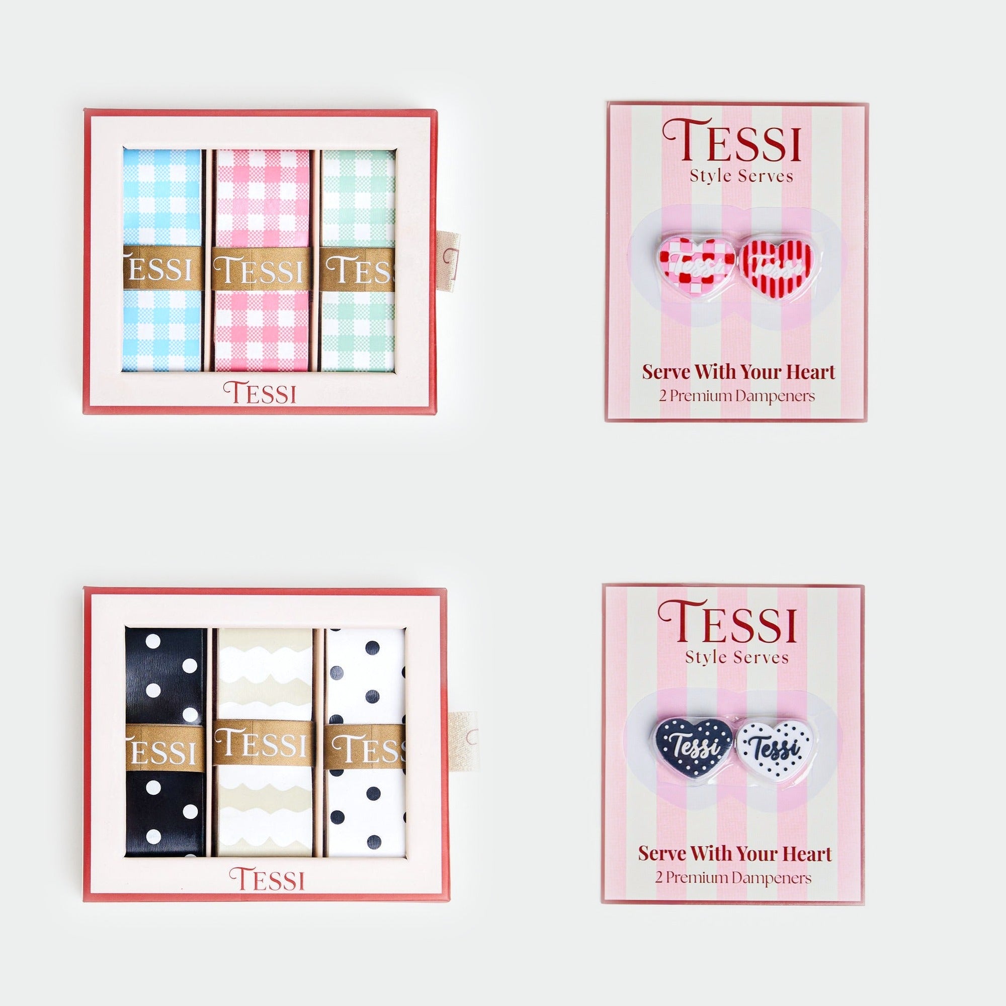 TESSI Grip + Dampener Set: gingham and Neutral Chic overgrip boxes with pink and red stripe and polka dot dampener cards