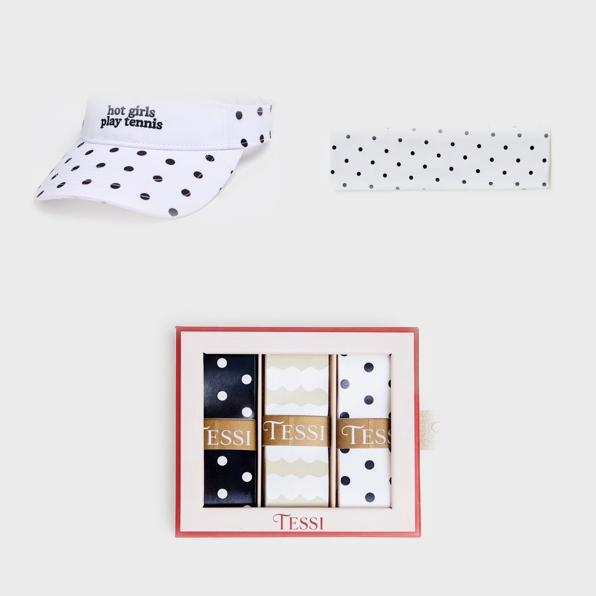 TESSI Hot Girls Play Tennis Set: Essential Style Visor, White Polka Dot Headband, Neutral Chic Overgrip 3-Pack