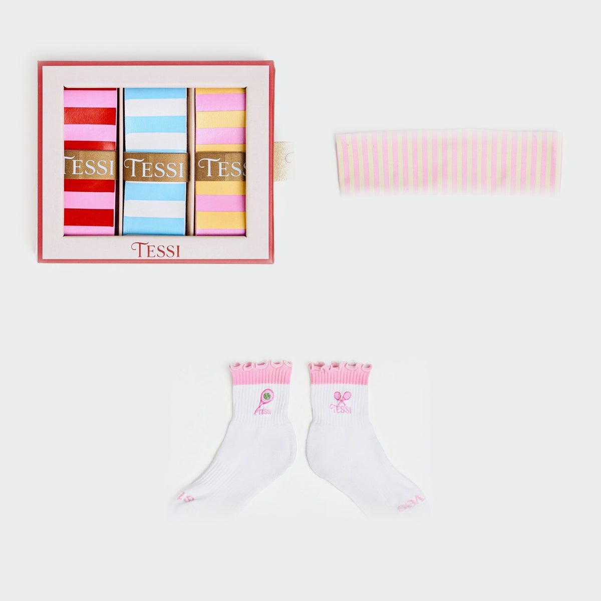 TESSI Stripe Set: Yellow Stripe Headband, Stripe Overgrip 3-Pack, Pink Socks
