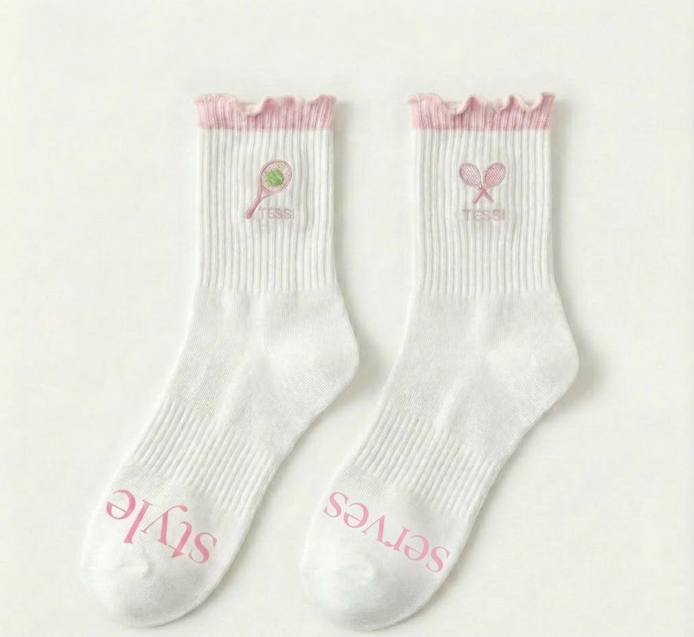 TESSI pink ruffle embroidered socks with racket detail and Style Serves bottoms