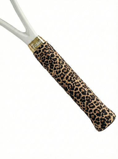 TESSI leopard print overgrip wrapped on a white racket