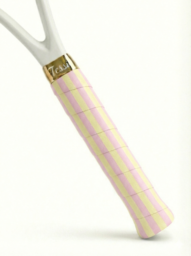 TESSI pink and yellow striped overgrip wrapped on a white racket